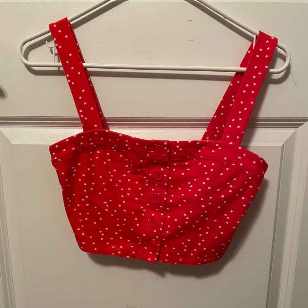 Forever 21 red with white polka dots button up crop top size small